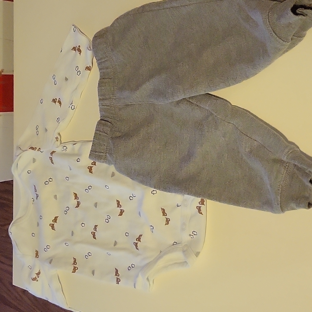 𝅺2 pc set Carter's Long Sleeve Bodysuit and Pants 6-9 months White and Gray